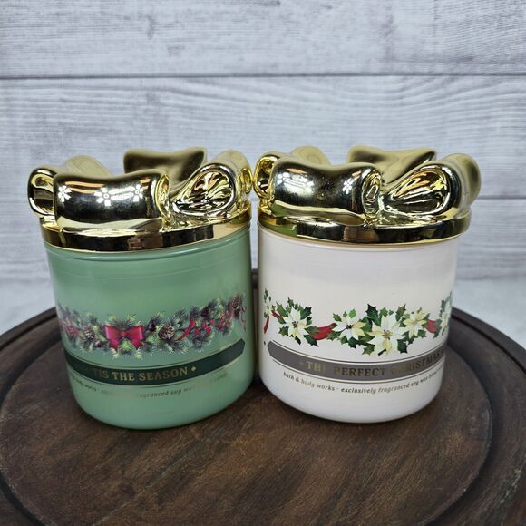 Bath & Body Works Bundle Lot Of 2 The Perfect Christmas 3-Wick Candle Gold Bow